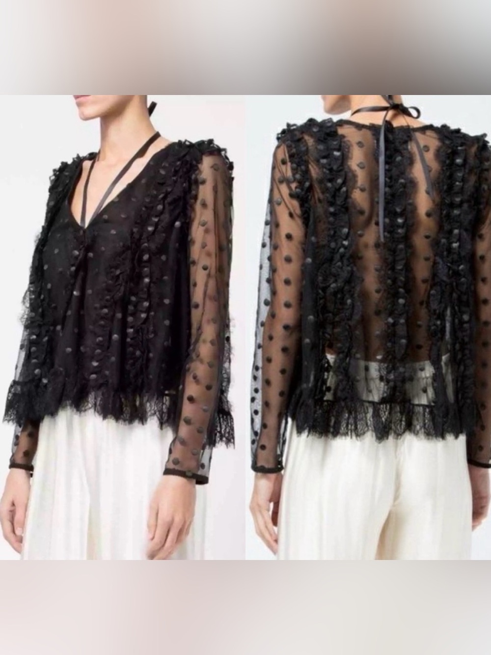 Alexis Clementine Dotted Lace Ruffle Blouse | Black | NWOT | Size M